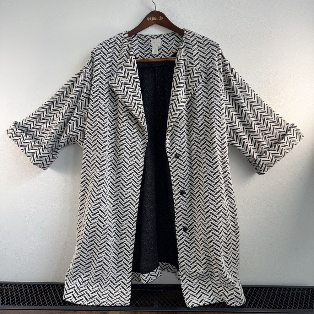 CHICOS Jacket Women XL 3 Black White Chevron Knit Duster Cardigan Stretch EUC!!